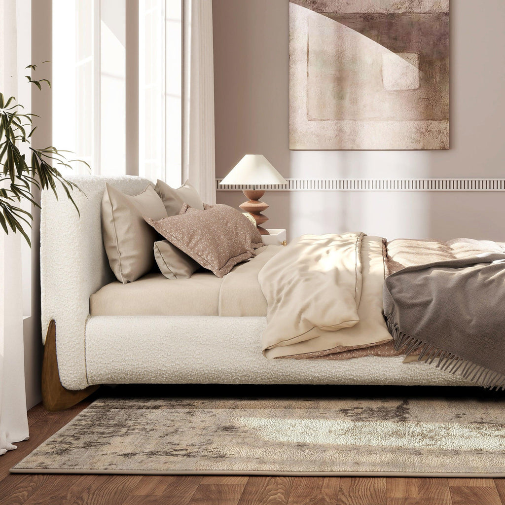 Alpine Platform Bed Queen in Ivory White Boucle.