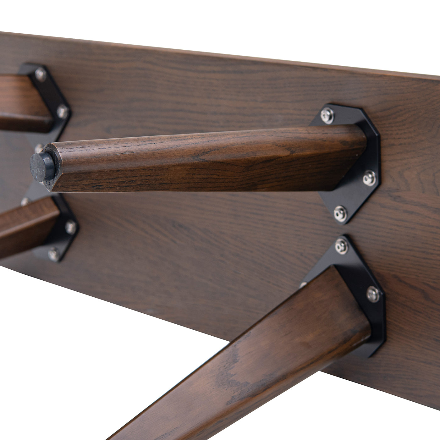 Underside of Capri 35.5' Red Oak Wood Bench showing sturdy leg attachments and metal brackets. Built for long-lasting support.