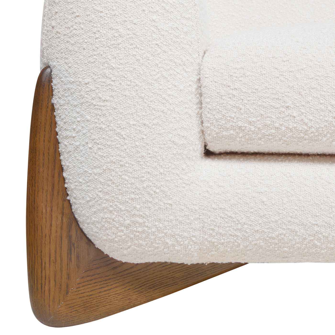 Corner view of Alpine Sherpa Sofa Ivory White showing oak wood leg and boucle fabric for a blend of natural and modern design.