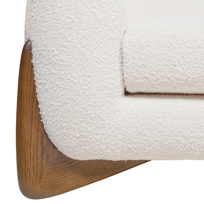Corner view of Alpine Sherpa Sofa Ivory White showing oak wood leg and boucle fabric for a blend of natural and modern design.