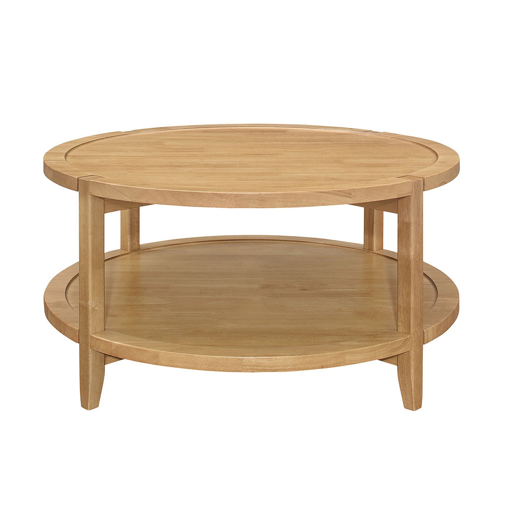 Front view of Round Wooden Coffee Table with Bottom Shelf in Maple Brown, ideal for modern and rustic interior styles.