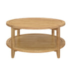 Front view of Round Wooden Coffee Table with Bottom Shelf in Maple Brown, ideal for modern and rustic interior styles.