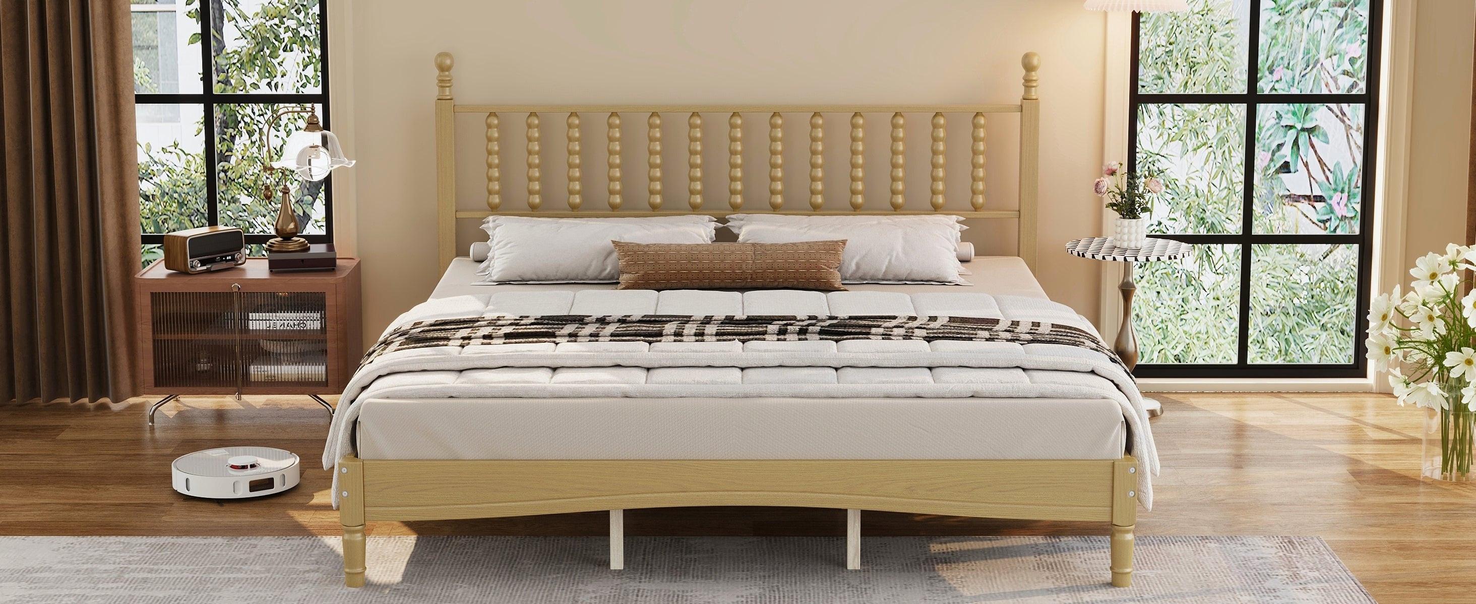King Size Wood Platform Bed Featuring a Gourd Shaped Headboard.