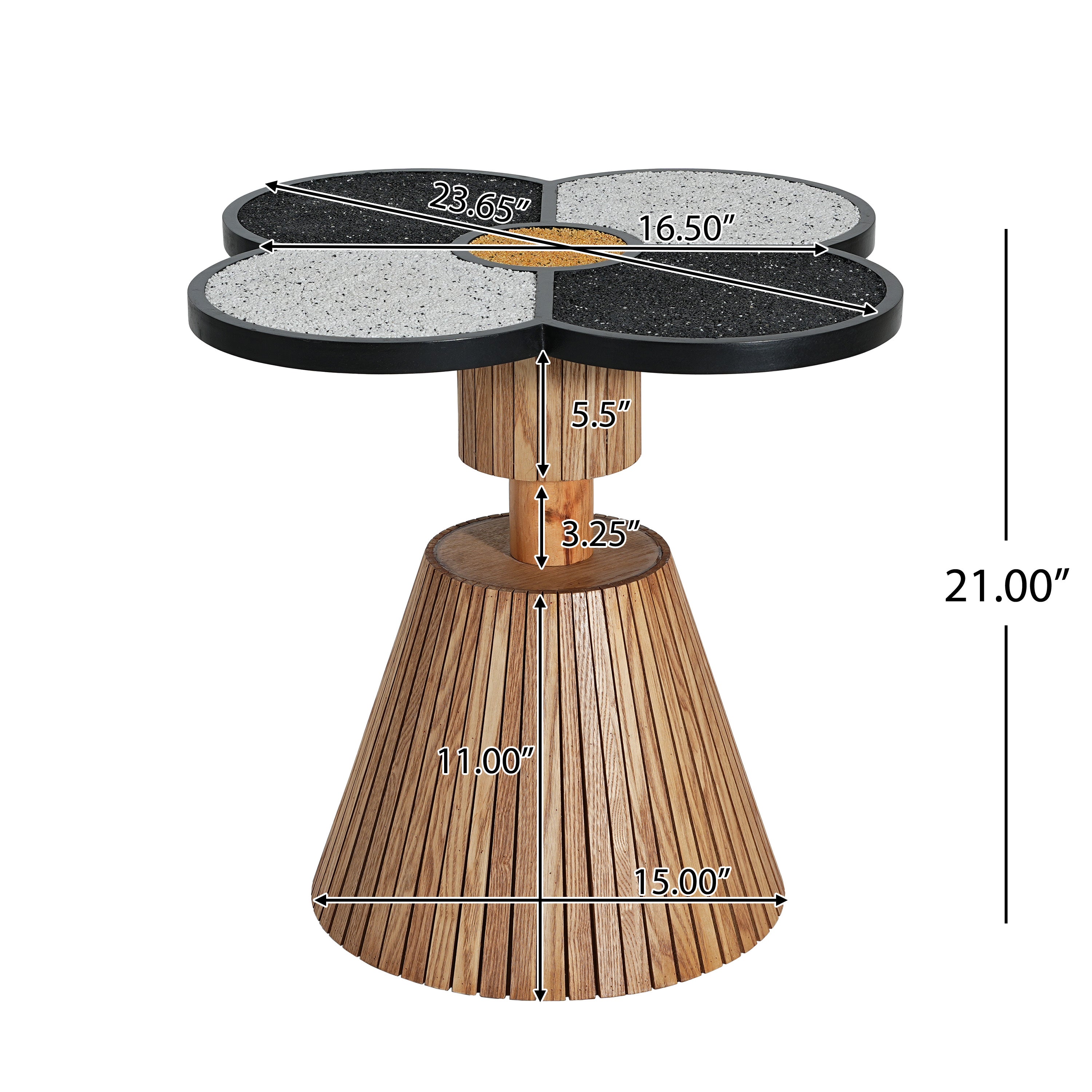 Four-Leaf Clover Accent Table with labeled dimensions, showcasing its compact size and unique clover-shaped top design.