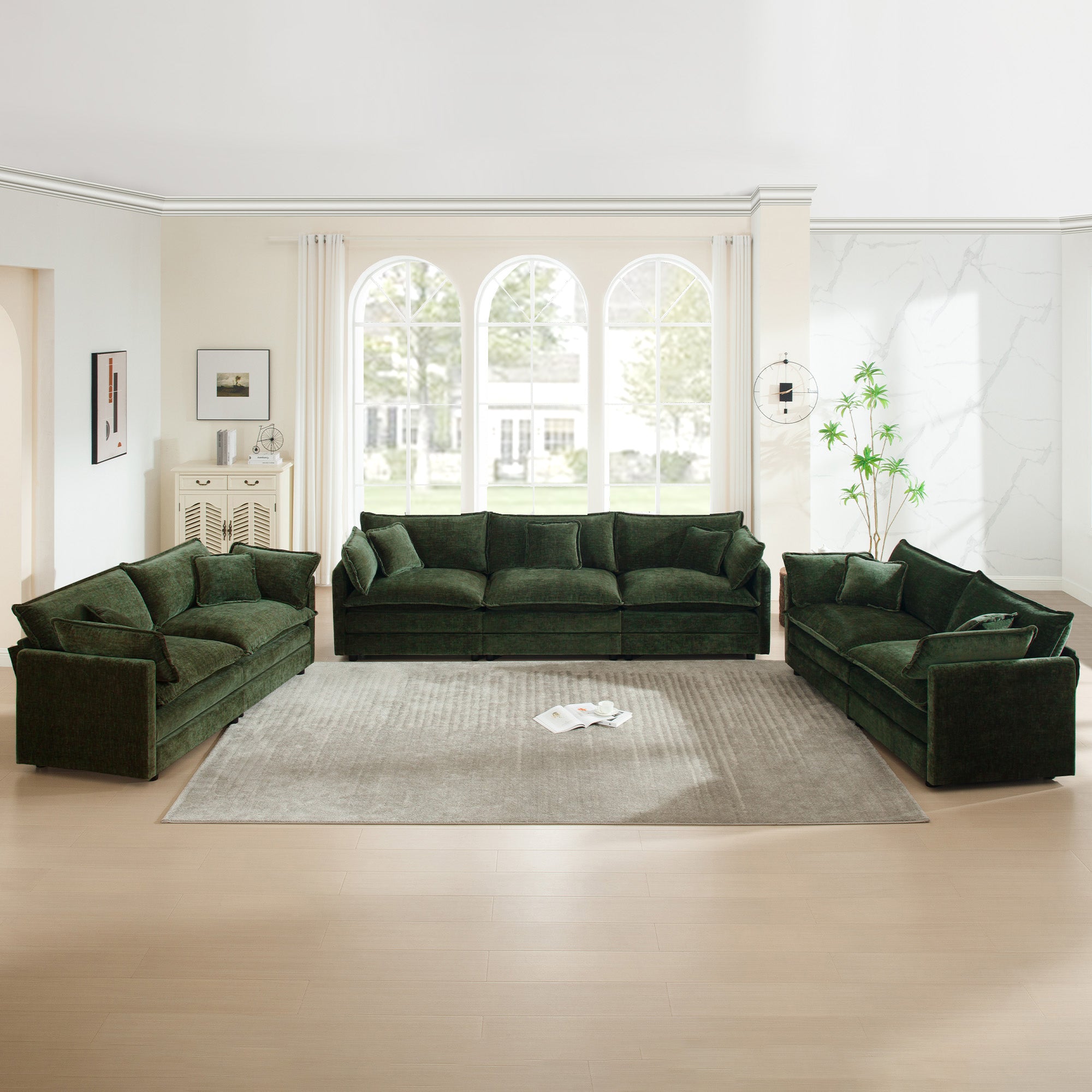 Oversized 3-Piece Green Chenille Sofa Set for Large Living Rooms