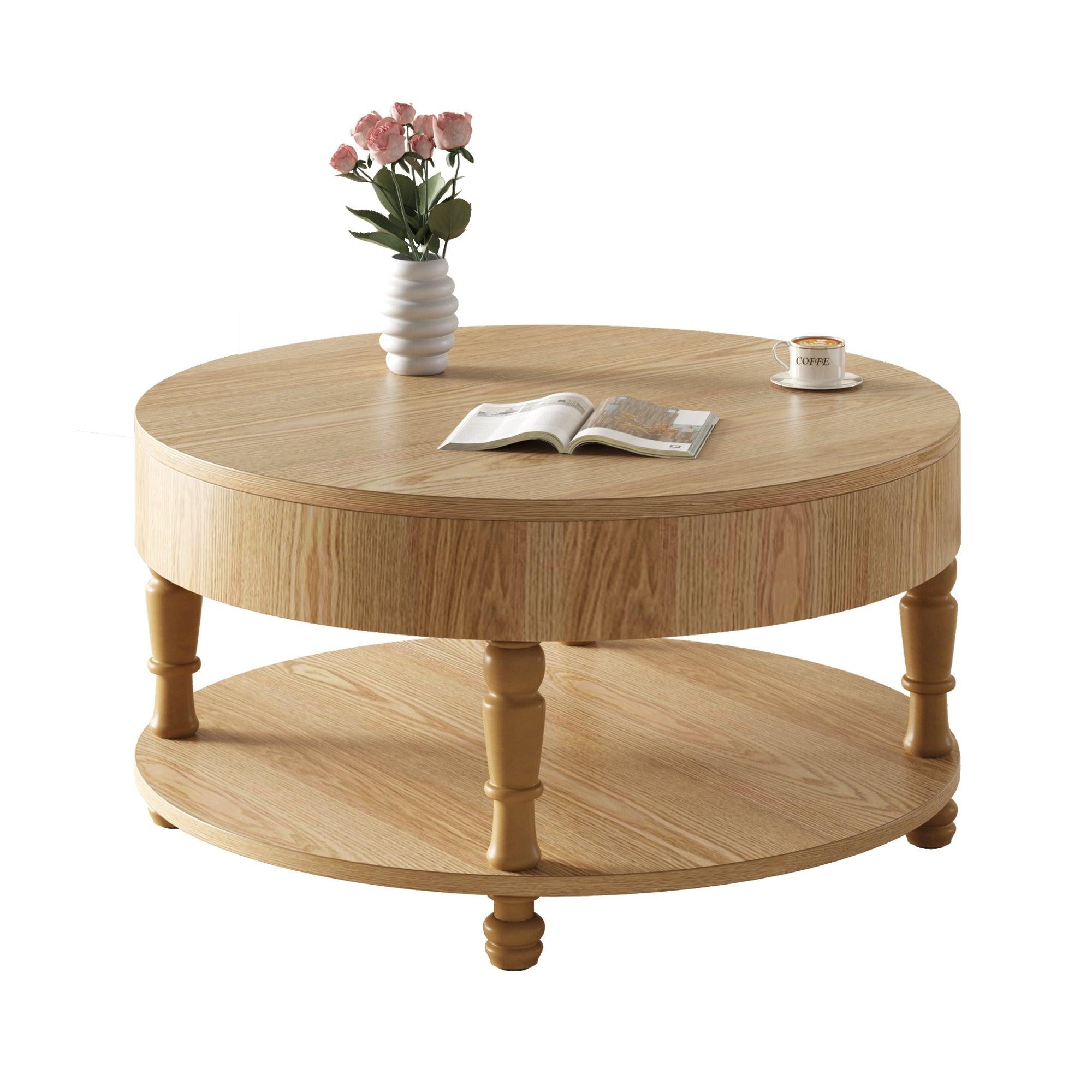 Coffee Table with Dual Storage for Living Room, 31.5' Modern Round Coffee Table with Storage and Hidden Compartment, Adjustable Leveling Feet, Easy Assembly(Natrual Wood).