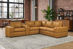 Ginger Leather Match 5-Seater Modular Sectional with Square Arms