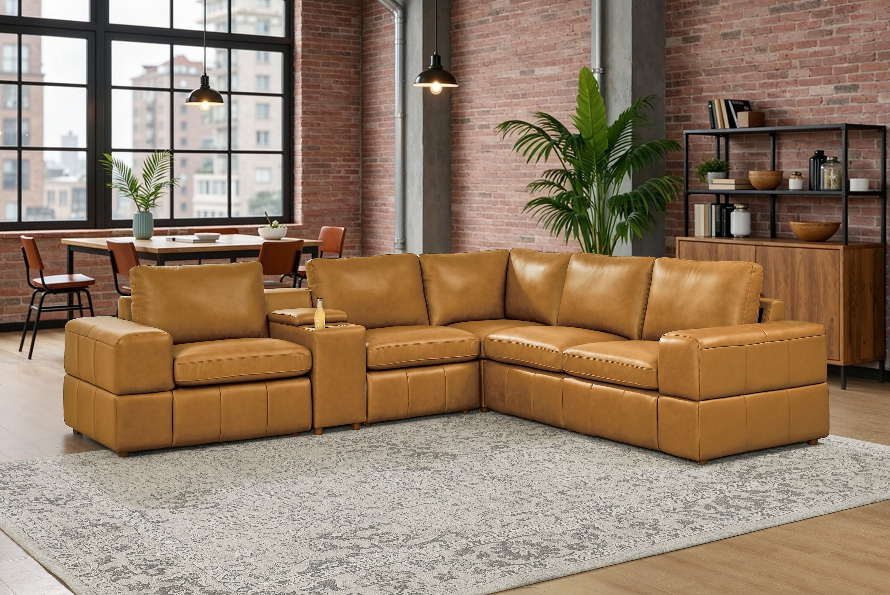 Ginger Leather Match 5-Seater Modular Sectional with Square Arms