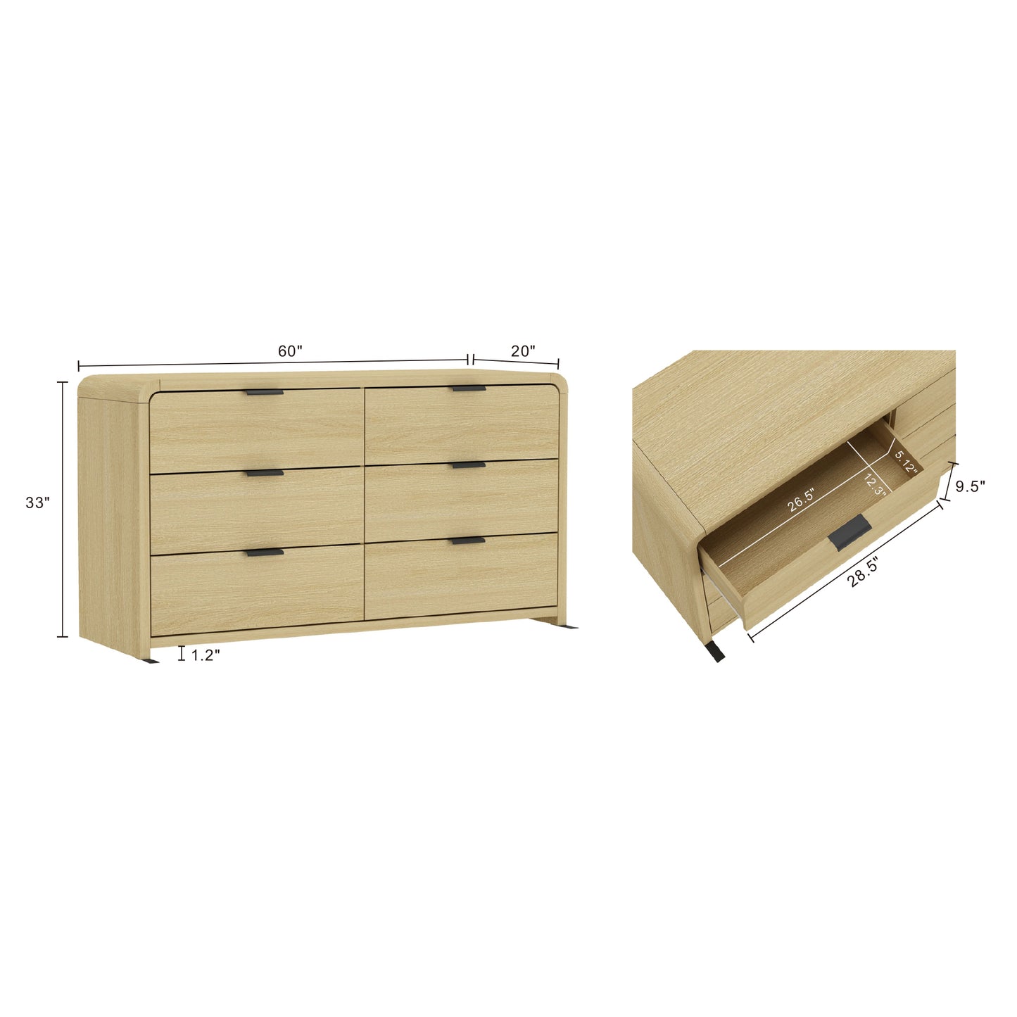 Grace 60" Oak Dresser with detailed dimensions and drawer measurements, perfect for planning bedroom storage layout.