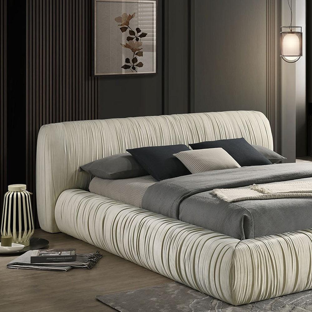 Ivory Pleated Upholstered Queen Size Bed for Bedrooms.