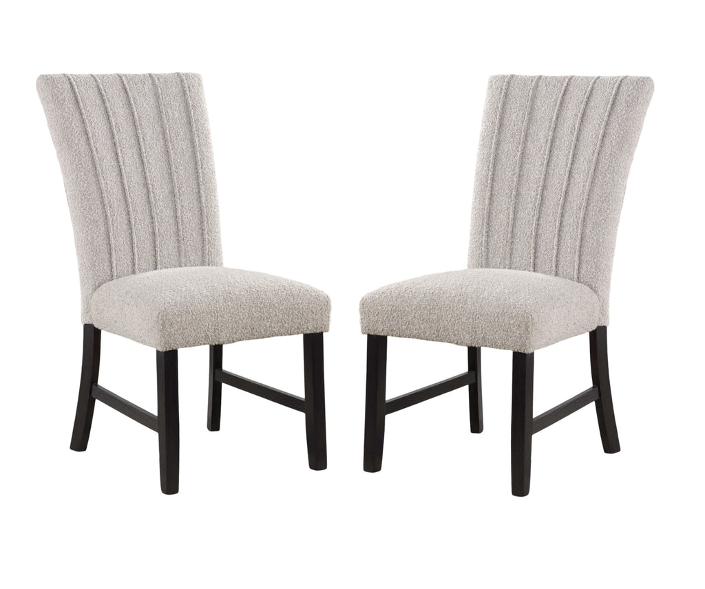 Pair of gray boucle dining chairs with wood legs and tufted backs, part of the Genuine Marble Dining Table Set.