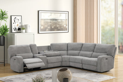 Anthony 114" power reclining sectional with USB ports and storage in a modern living room. Features power recline, headrests, and cupholders.