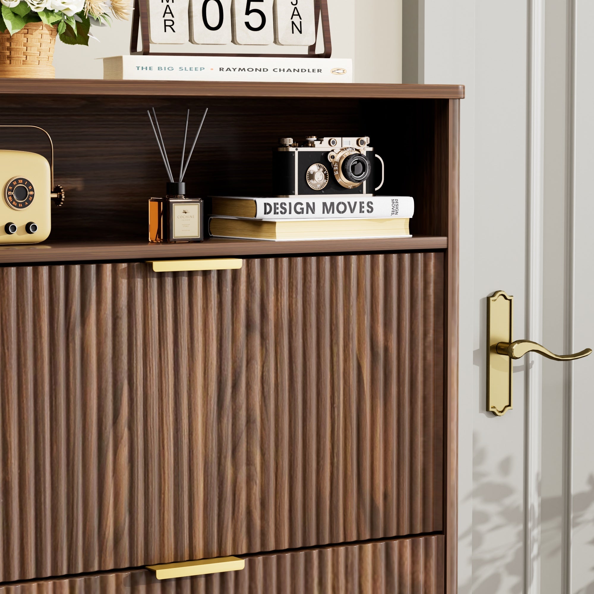 Shoe Storage Cabinet for Entryway with Flip Drawers - Walnut