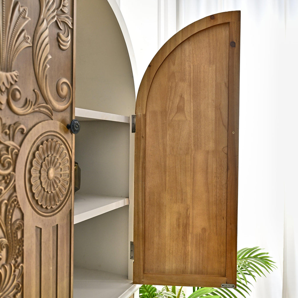 Arched Flower Carved Door Cabinet - Elegant Wooden Sideboard.