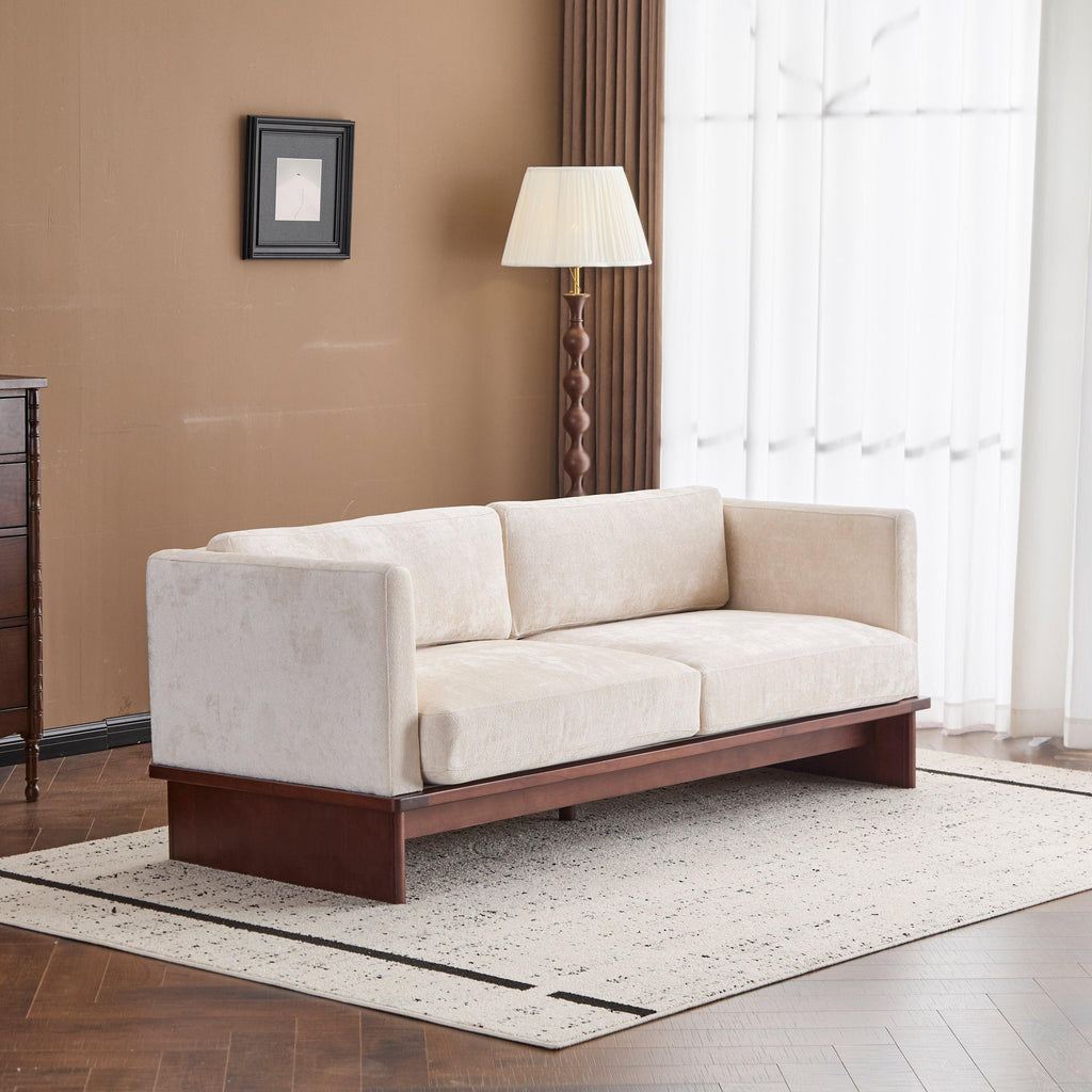 Modern Three-Seater Boucle Sofa - Beige Upholstered Couch.