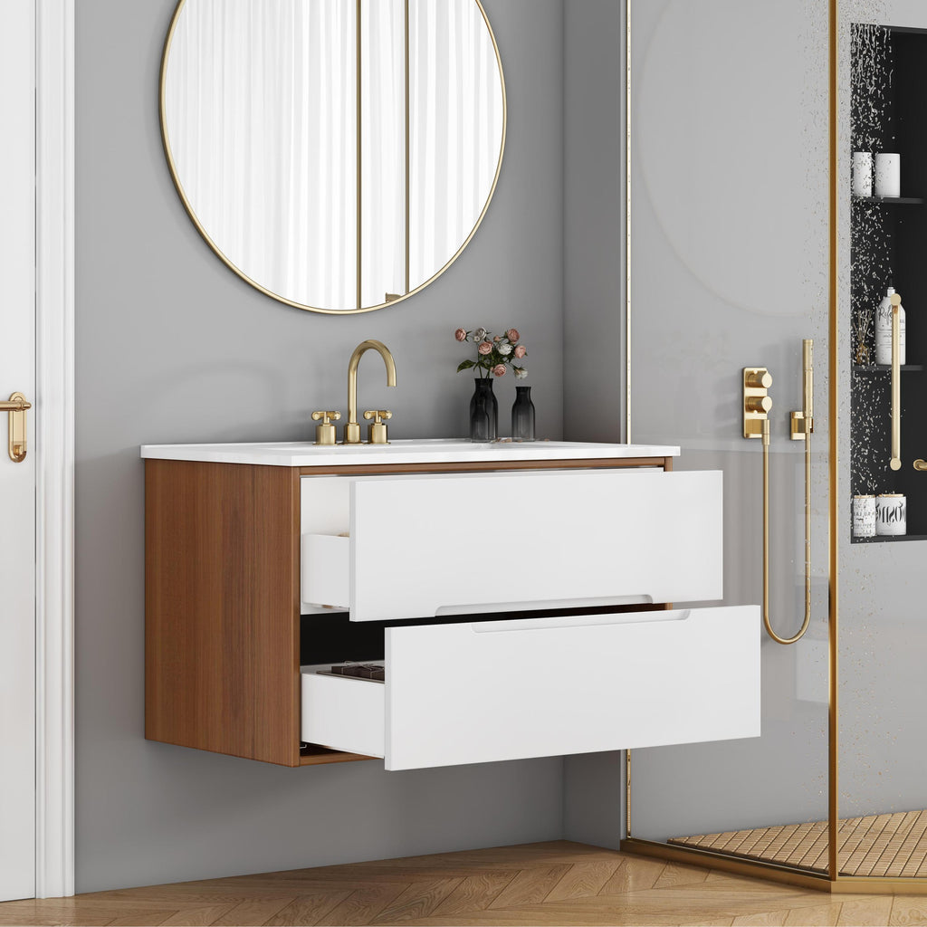 Open view of 32-inch wall-mounted bathroom vanity showing double soft-close drawers, ceramic sink, and walnut wood cabinet.