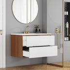 Open view of 32-inch wall-mounted bathroom vanity showing double soft-close drawers, ceramic sink, and walnut wood cabinet.
