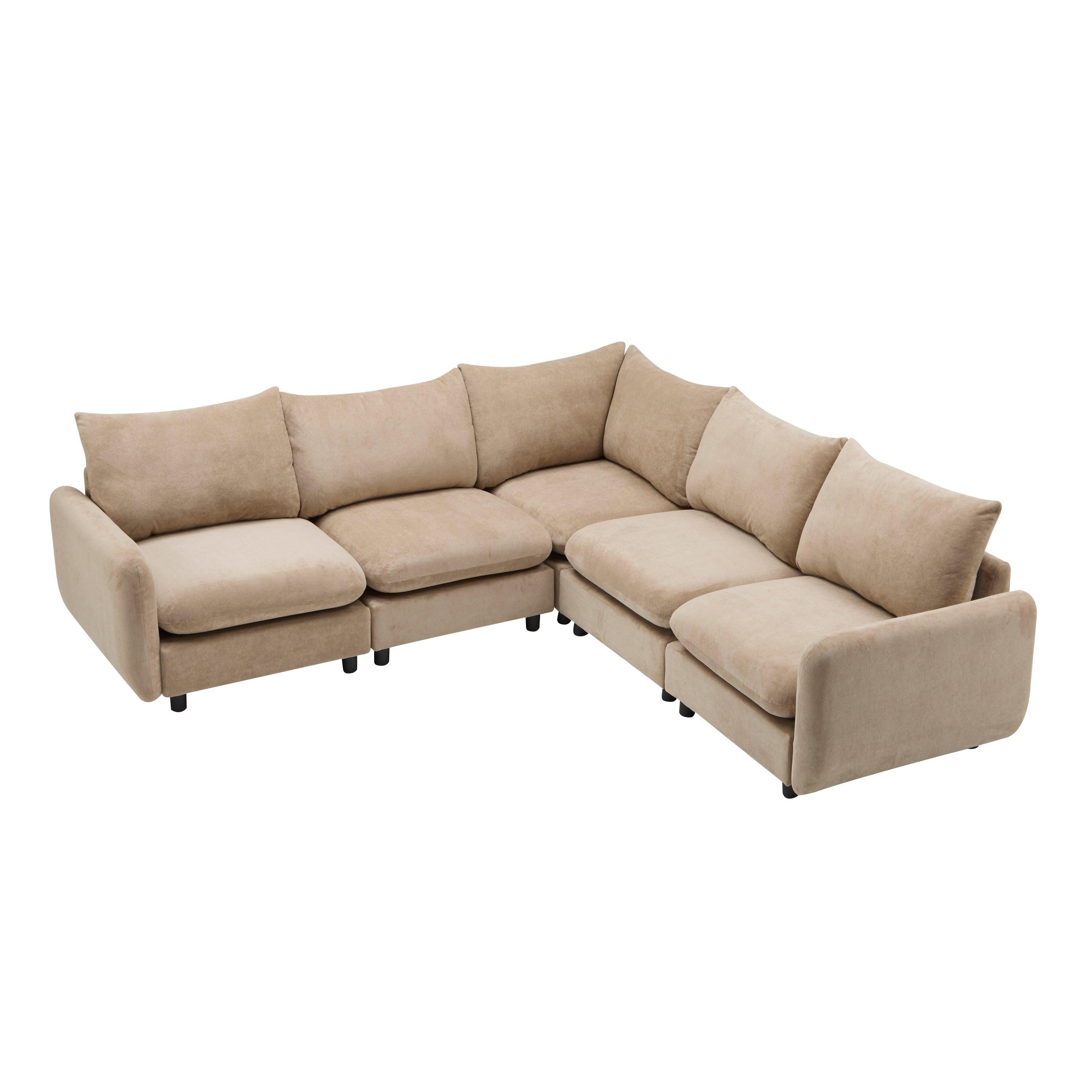 Fully assembled 5-piece L shaped modular velvet sofa in beige, forming a spacious sectional with plush seating and contemporary style.