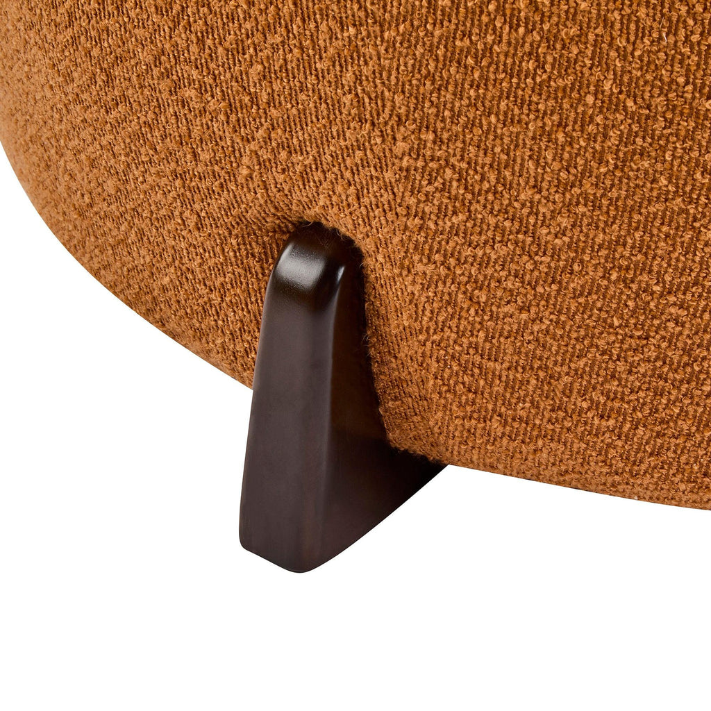 Round Boucle Ottoman with Rubber Wood Legs.