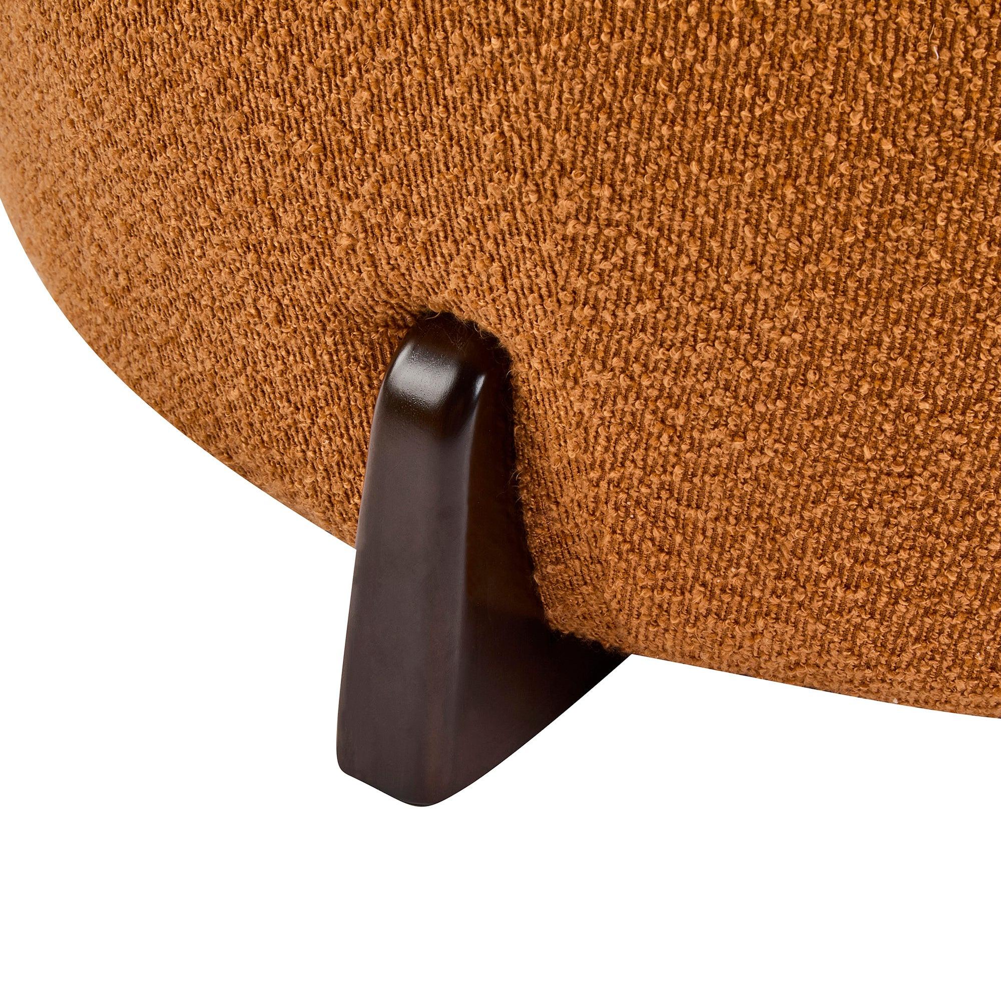 Round Boucle Ottoman with Rubber Wood Legs.