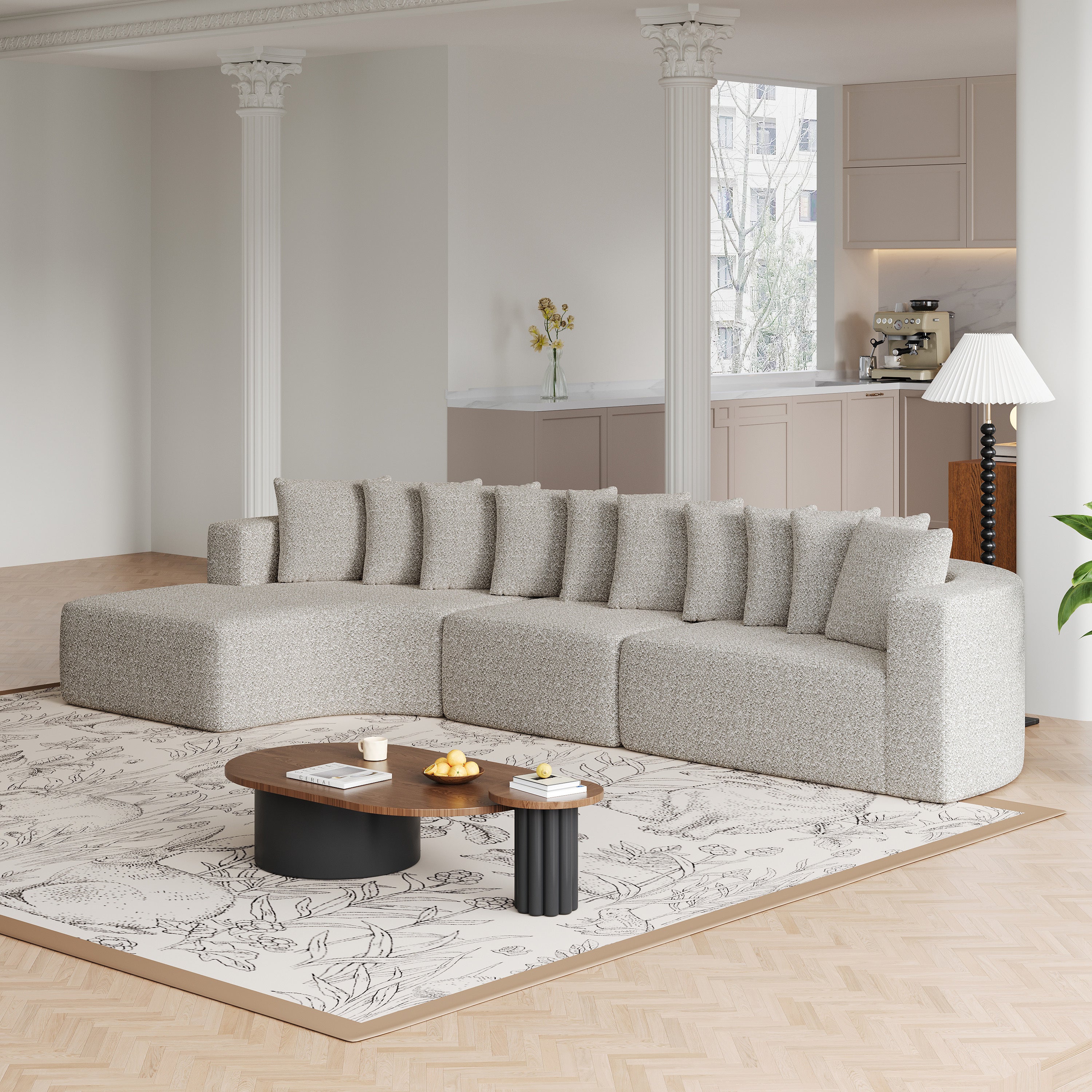 Curved Chenille Sectional Sofa with 10 pillows in a modern open-concept living space, offering comfort and contemporary design.