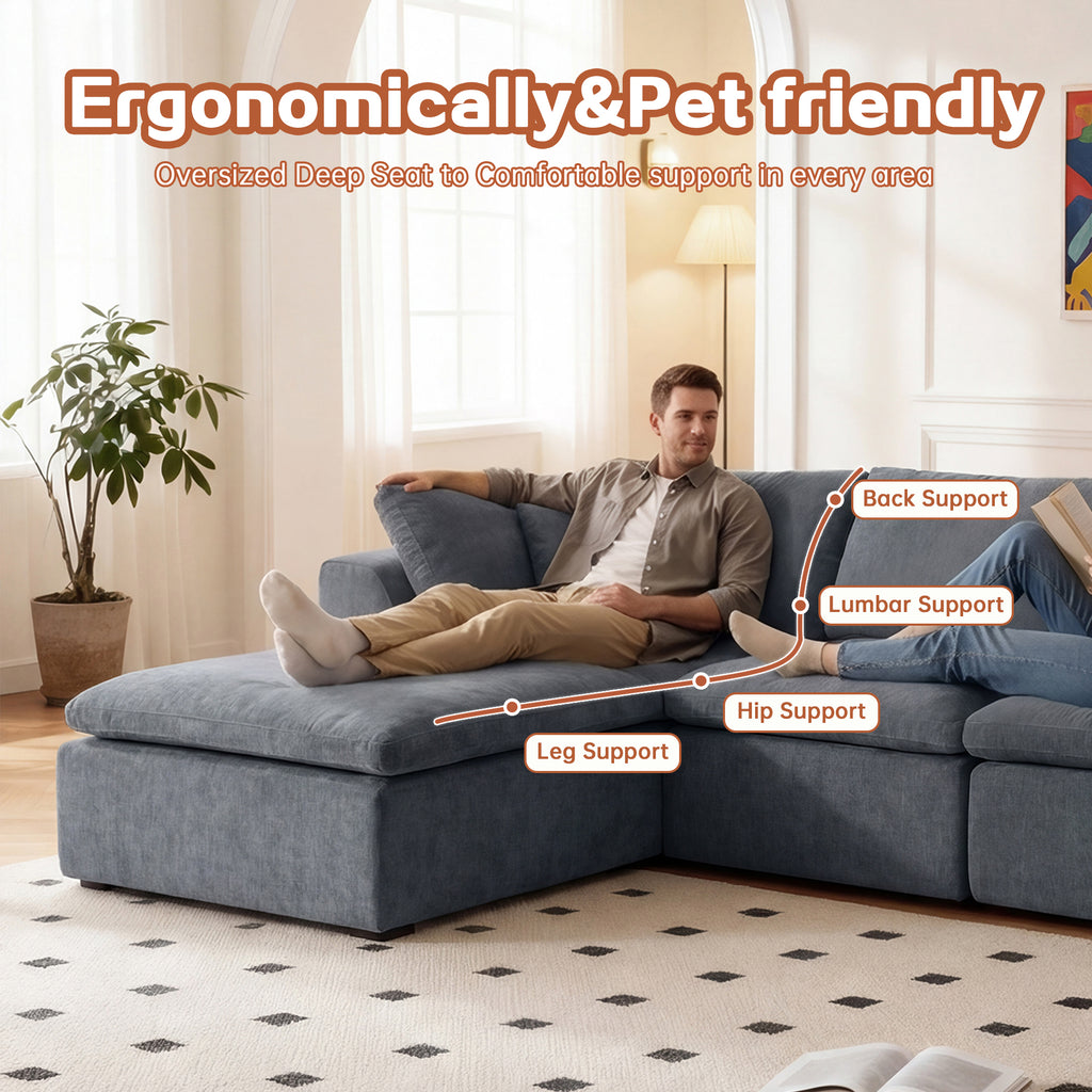 Man lounging on modern L-shaped sectional sofa with chaise, showing ergonomic support for back, lumbar, hips, and legs.