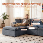 Man lounging on modern L-shaped sectional sofa with chaise, showing ergonomic support for back, lumbar, hips, and legs.