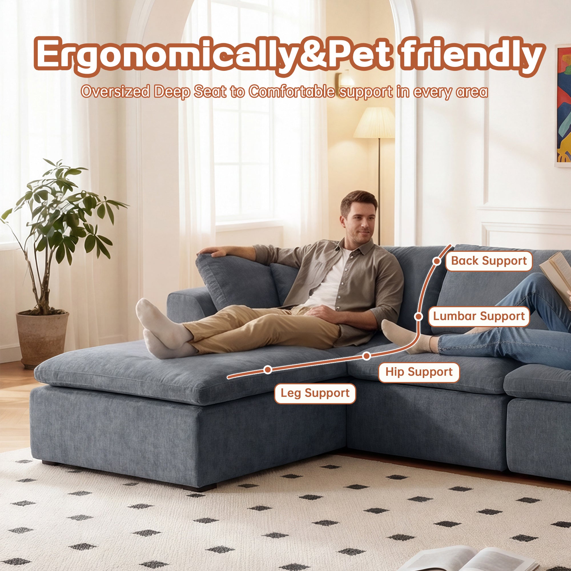 Man lounging on modern L-shaped sectional sofa with chaise, showing ergonomic support for back, lumbar, hips, and legs.