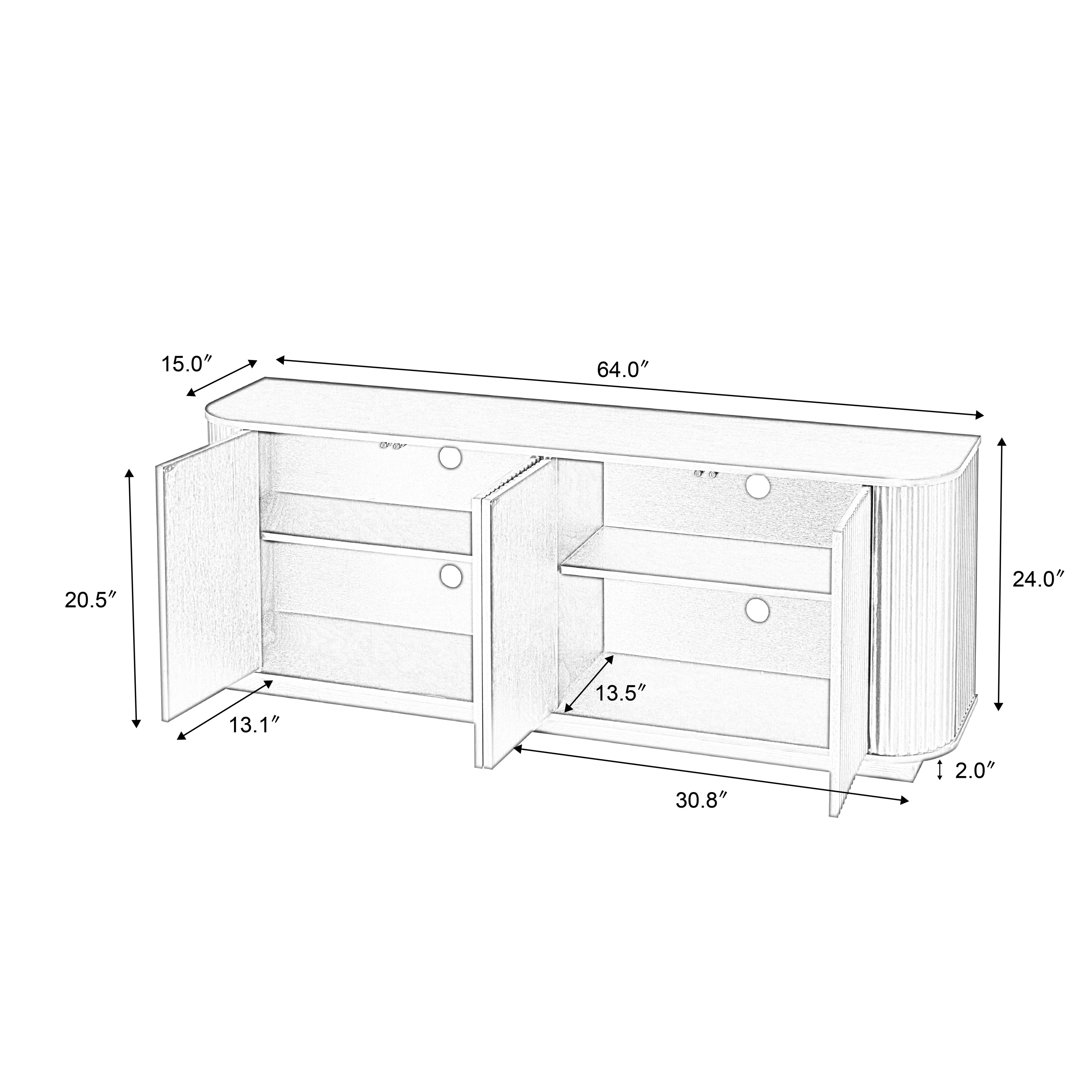 Dimension diagram of Wooden Sideboard TV Stand - Wave Pattern showing internal and external measurements in inches.