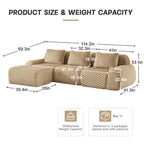 Dimensions and weight capacity of L-Shaped Modular Sectional Sofa - Light Camel, highlighting seat depth, width, and packaging details.