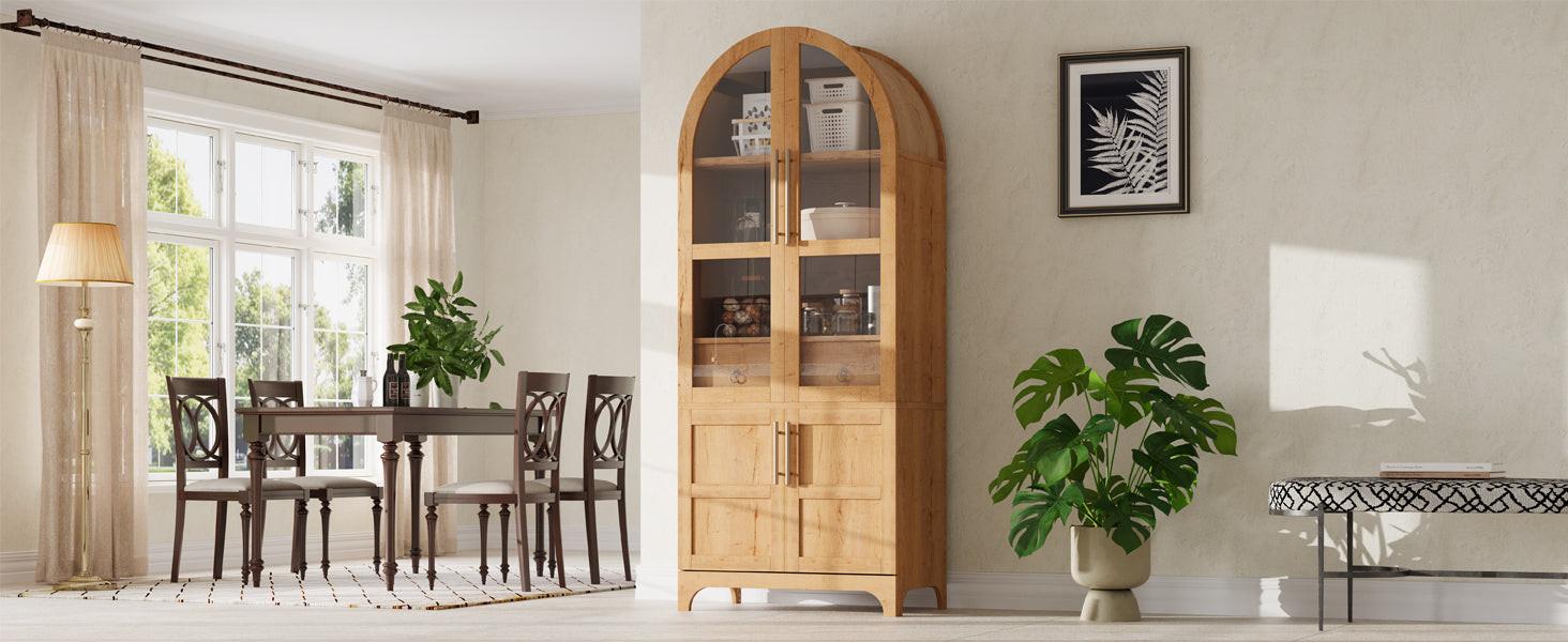 Arched kitchen pantry cabinet with 4 doors in a dining area, offering elegant storage with adjustable shelving and glass-paneled doors.