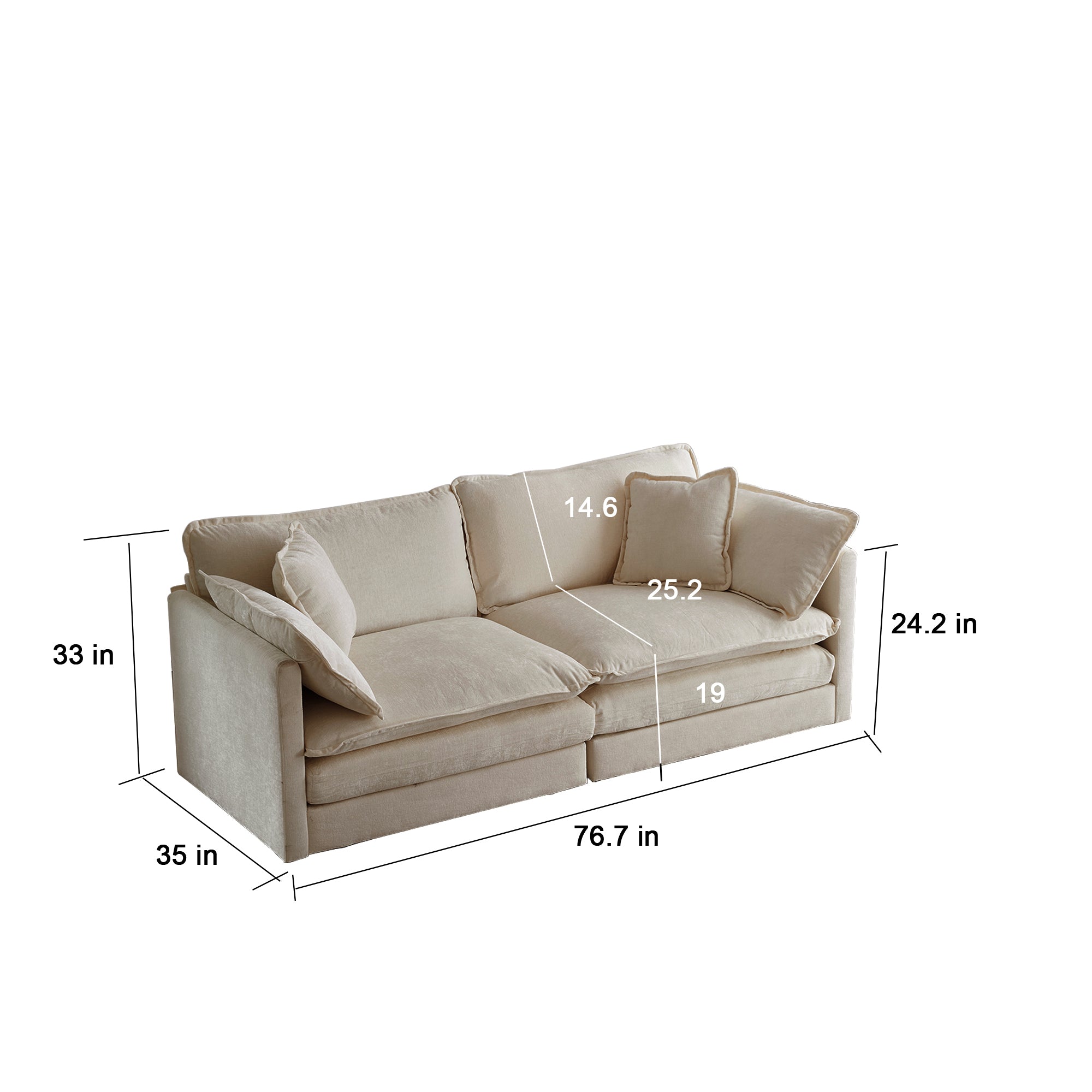 Dimensions of 2-seat unit from beige chenille sectional sofa. Ideal for small spaces or as part of a modular setup.
