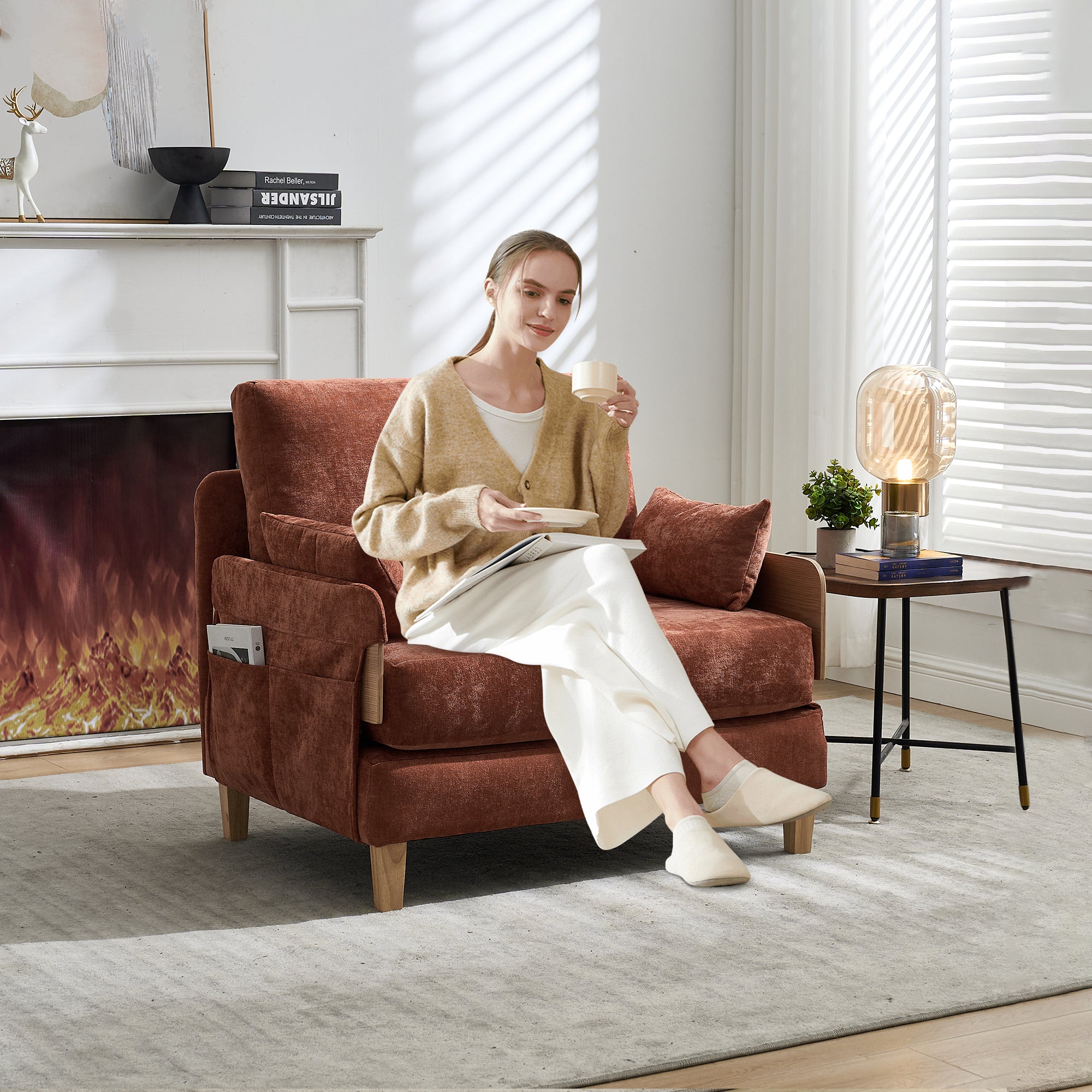Woman enjoying coffee on the Convertible Sofa Bed Recliner - 3-in-1, highlighting its comfort and stylish fit in cozy interiors.