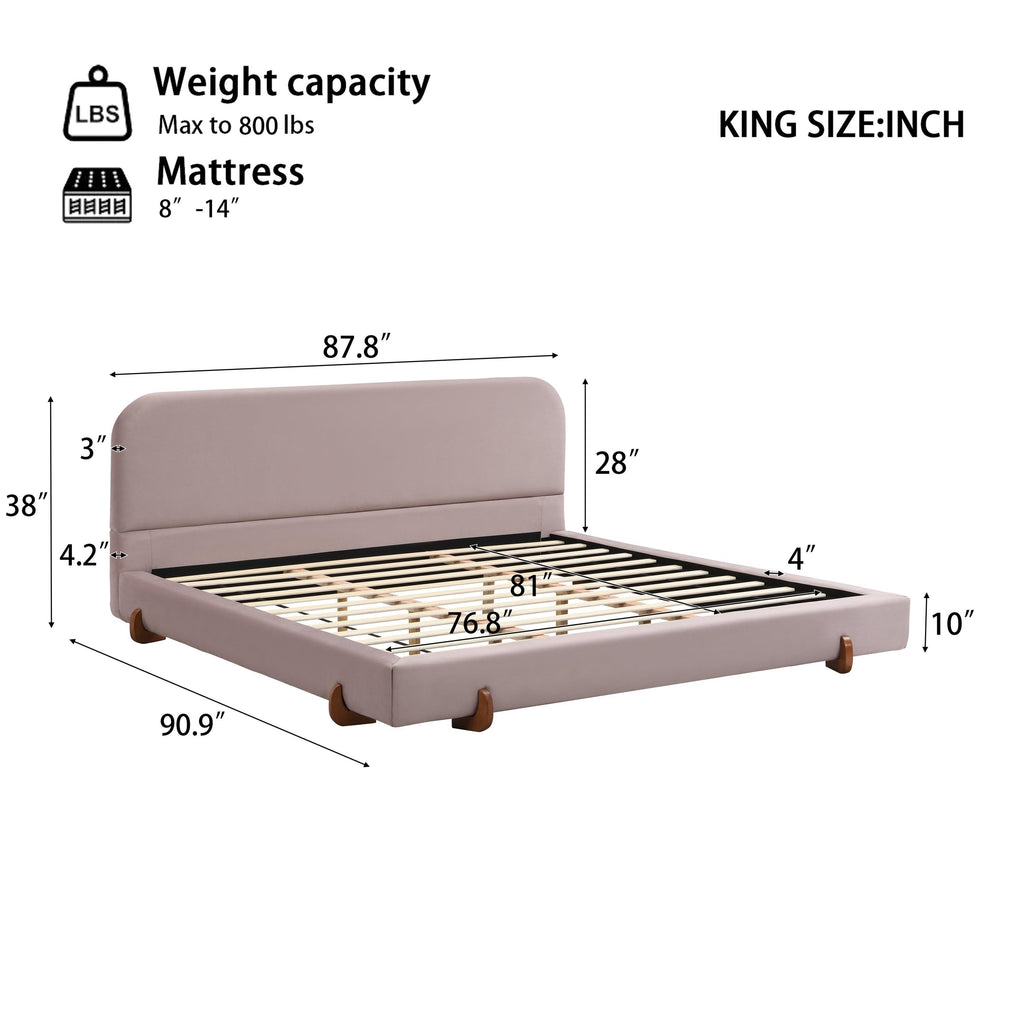 Pink Velvet Bed Frame with Brown Wood Legs - King Size.