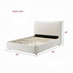 Queen size beige platform bed with chenille upholstery, shown with dimensions 65 inches wide and 90 inches long, 48-inch headboard height.