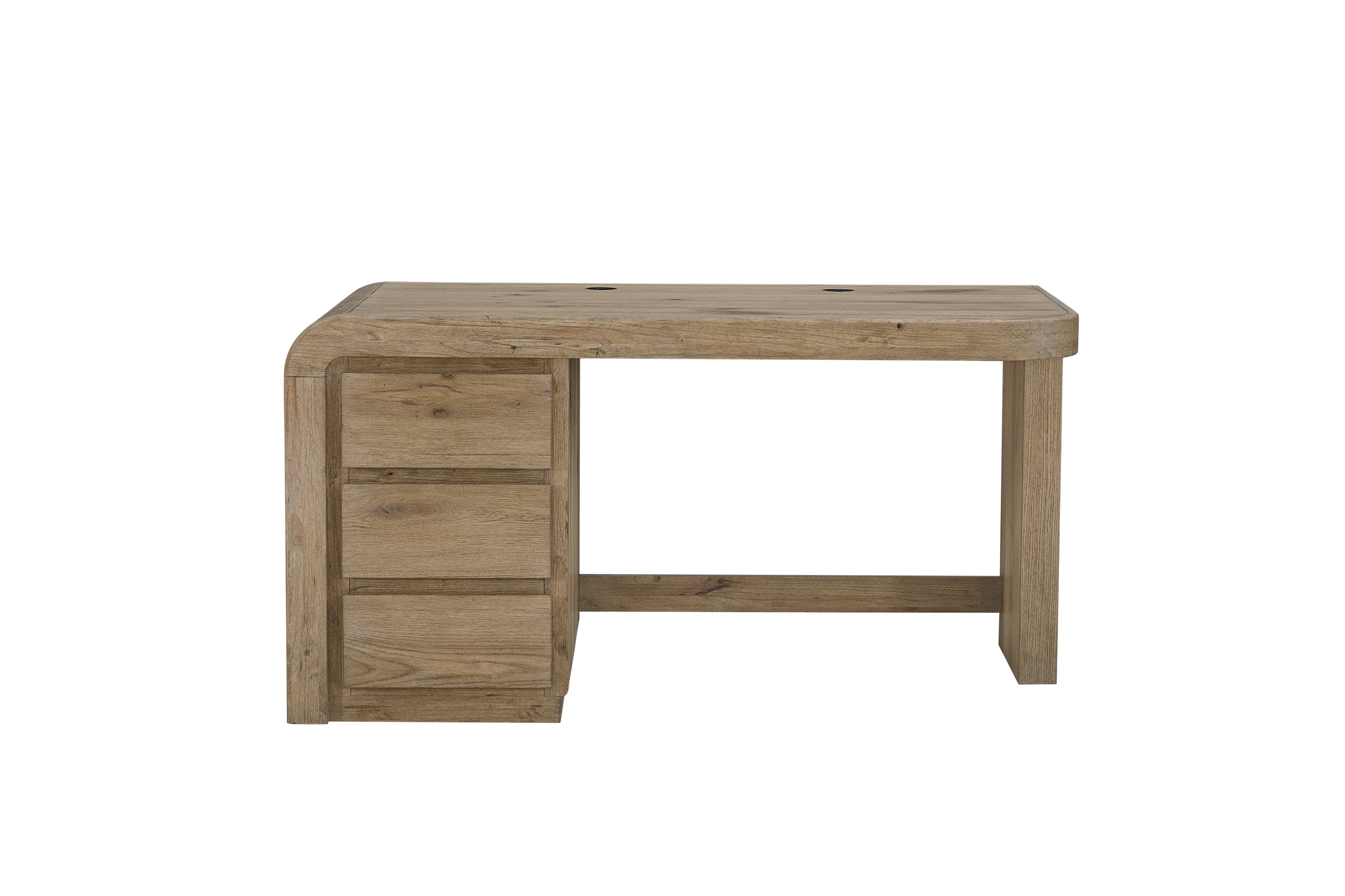 Modern English knotty oak executive desk with a curved side, three drawers, and cable management ports.