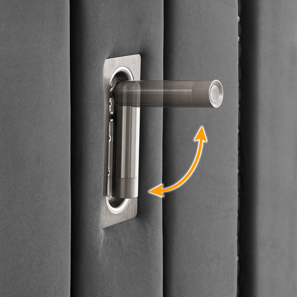 Detail of rotating LED reading light on velvet headboard, part of upholstered queen bed frame with integrated lighting.