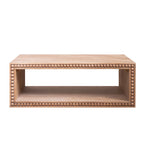 Front view of Rustic Beaded Edge Coffee Table highlighting symmetrical design, open shelf, and detailed beaded trim.