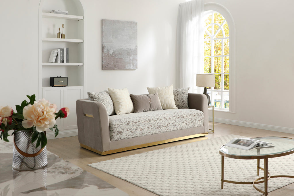 Lexington 91-Inch Light Beige Velvet 3-Seater Sofa with Gold Trim