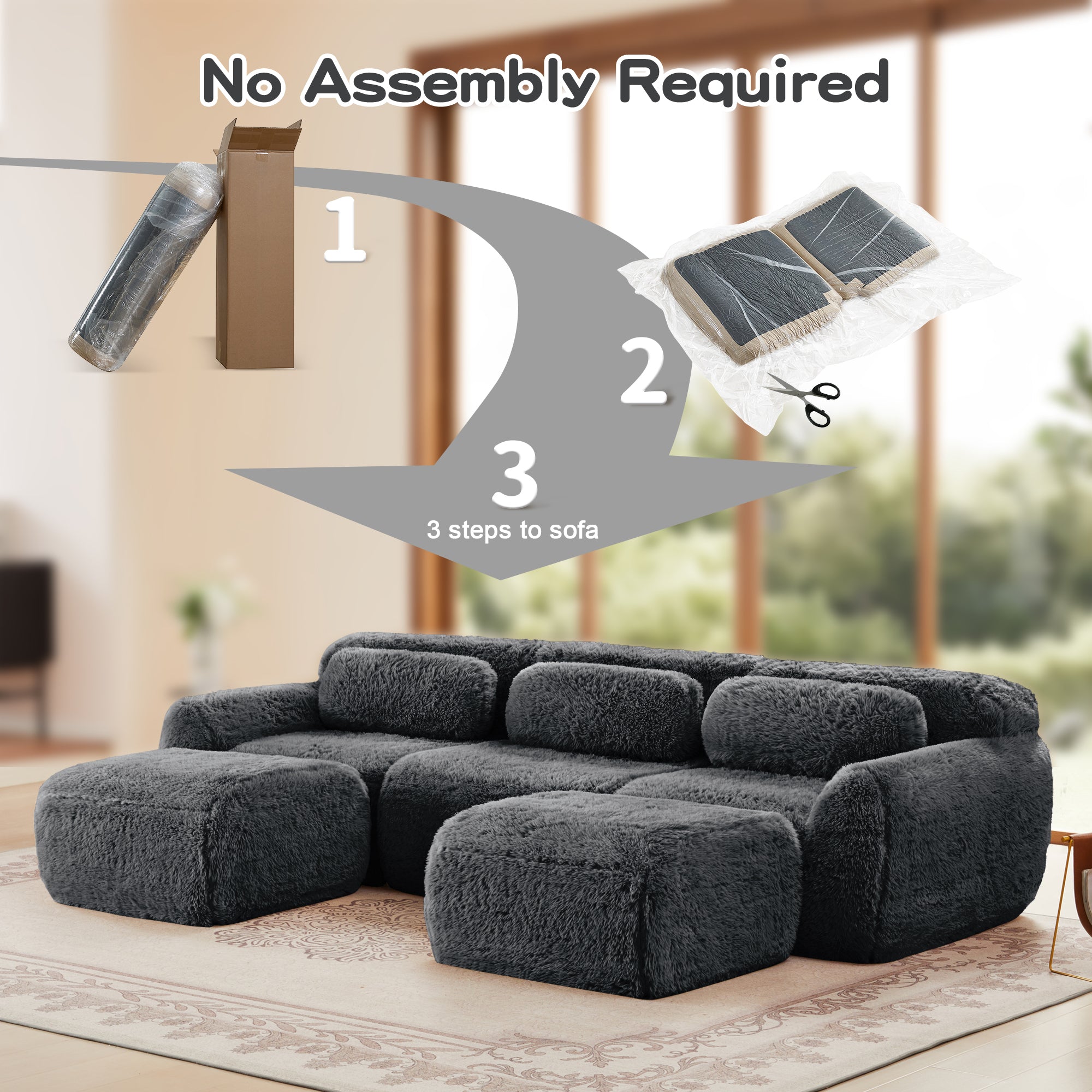 No assembly required for Modular Sofa Dark Grey. Easy 3-step setup with compressed packaging for convenience.