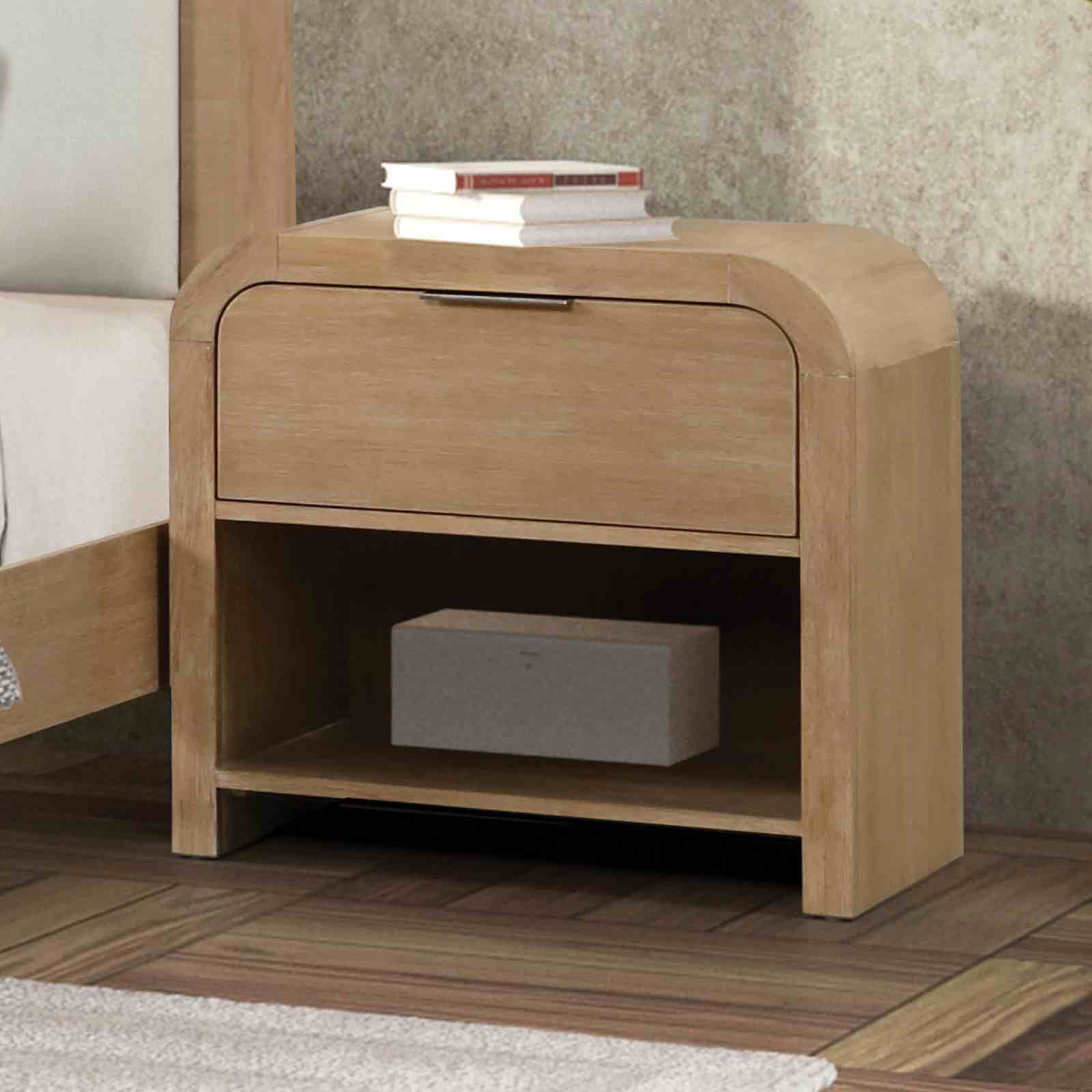 Transitional Nightstand - Mango Wood with 1-drawer and open shelf storage. Features curved edges and metal finger pulls for modern bedroom decor.