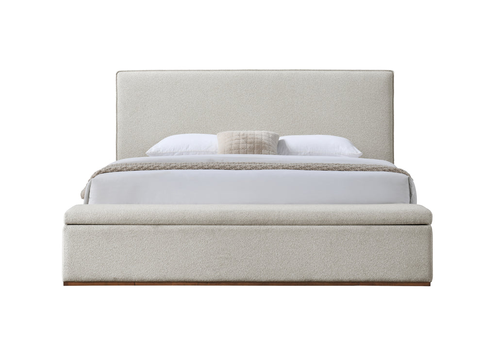 Front view of Boxter Beige Linen Queen Bed with Storage, showcasing clean lines and plush upholstered design.
