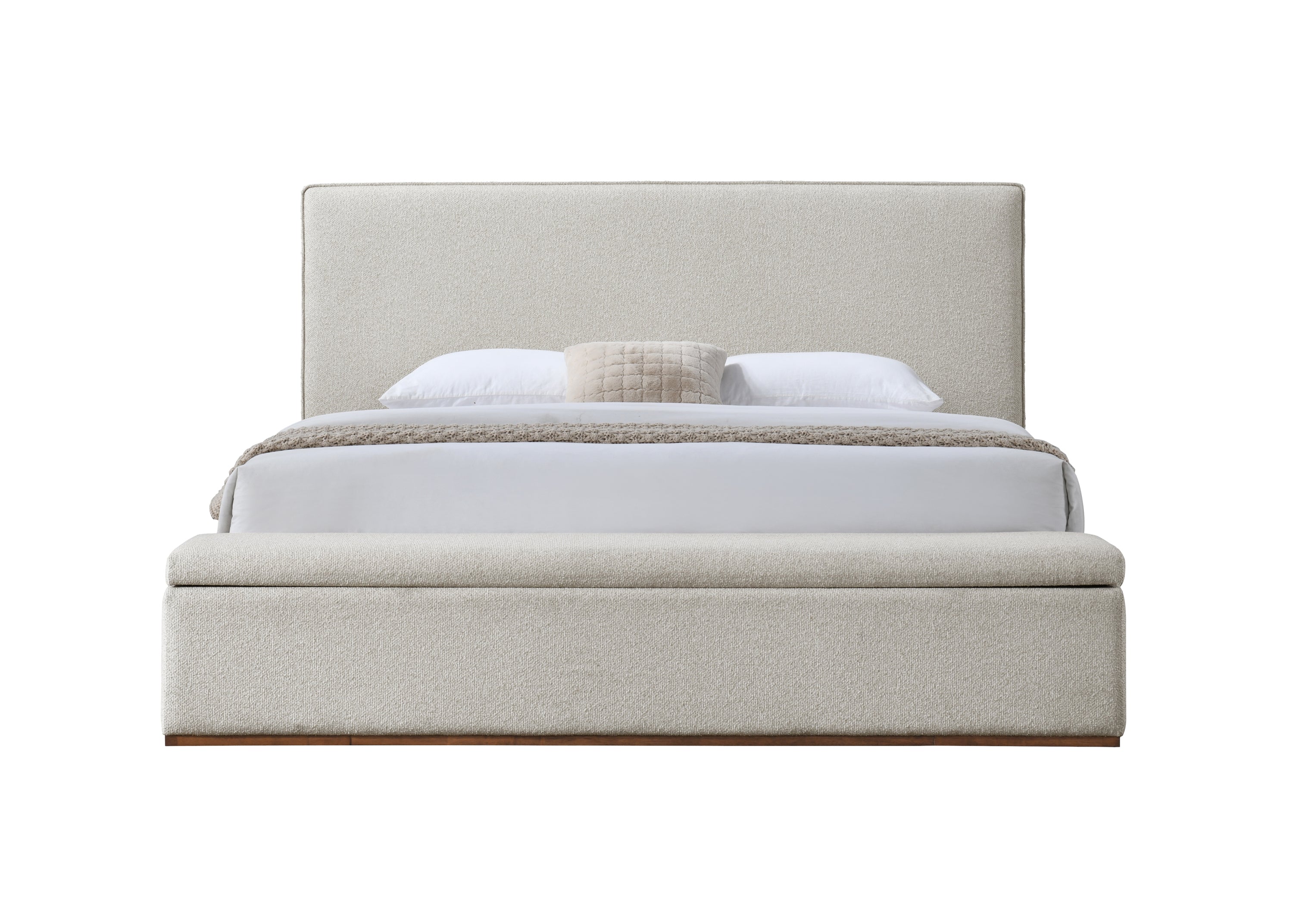 Front view of Boxter Beige Linen Queen Bed with Storage, showcasing clean lines and plush upholstered design.