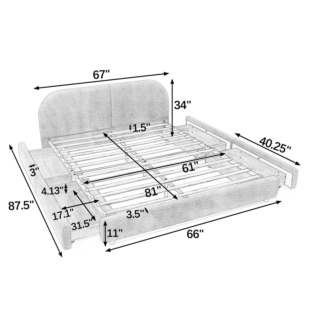 Queen Size Upholstered Bed Frame - Circle Yarn Fabric.