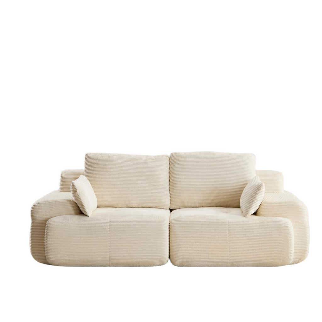 Modern beige two-seater sectional sofa in textured corduroy fabric with extra deep, plush cushions.