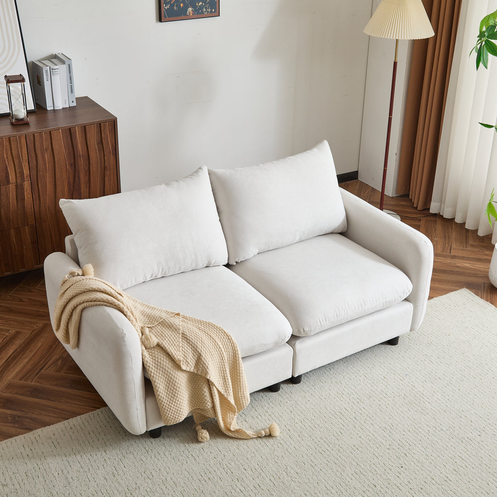 Top angled view of 69 in. 2-Seats Modular Sectional Sofa Corner Chair Sofa Couch in white, placed on a light rug in a contemporary living space.