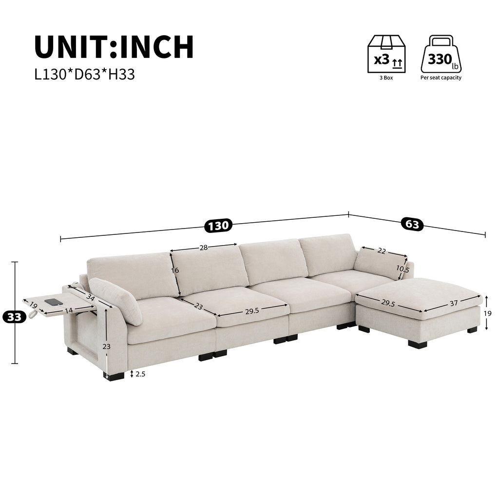 Dimensions of modular sectional sofa with dual charging and storage, featuring 5 seats and a movable ottoman in chenille upholstery.