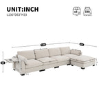 Dimensions of modular sectional sofa with dual charging and storage, featuring 5 seats and a movable ottoman in chenille upholstery.