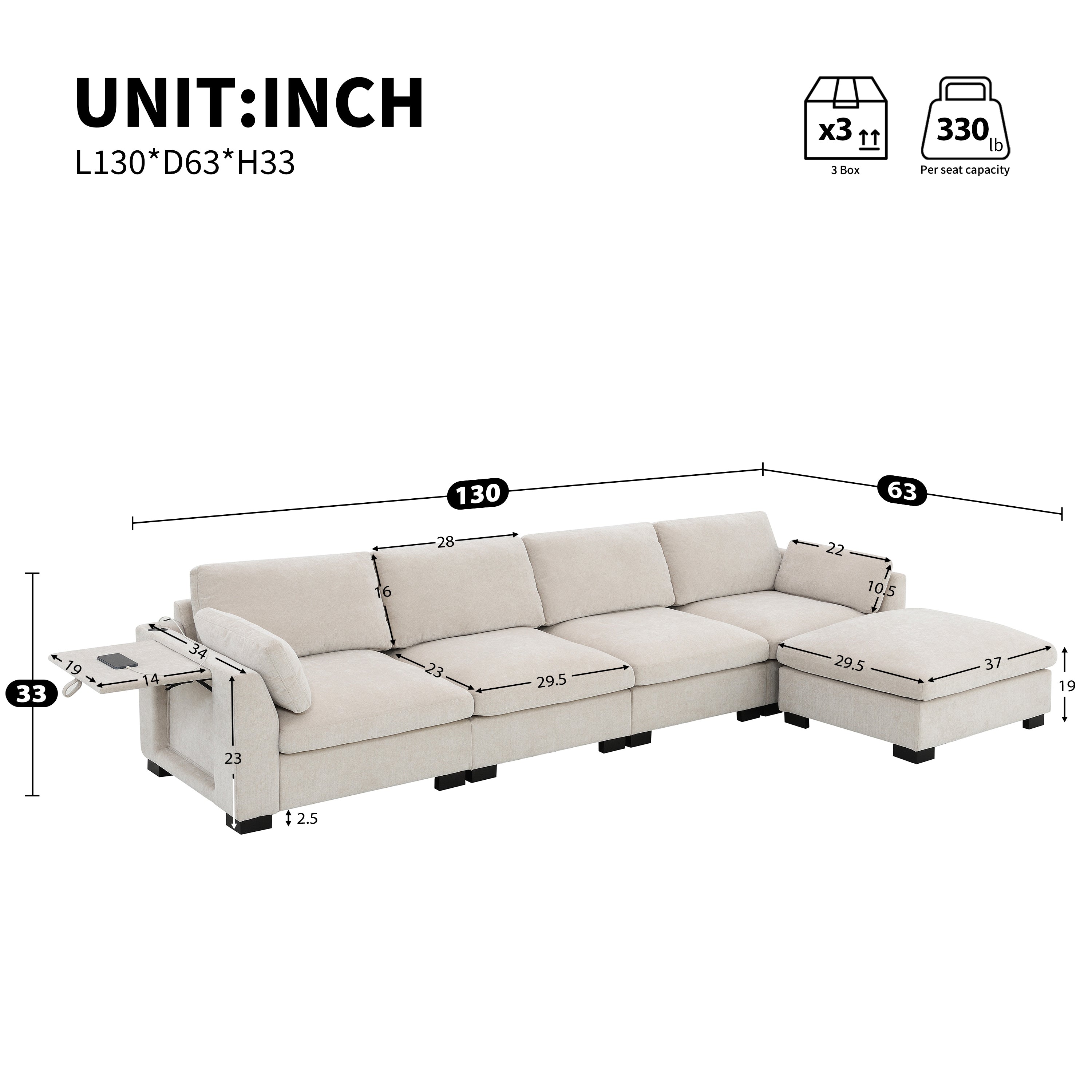 Dimensions of modular sectional sofa with dual charging and storage, featuring 5 seats and a movable ottoman in chenille upholstery.