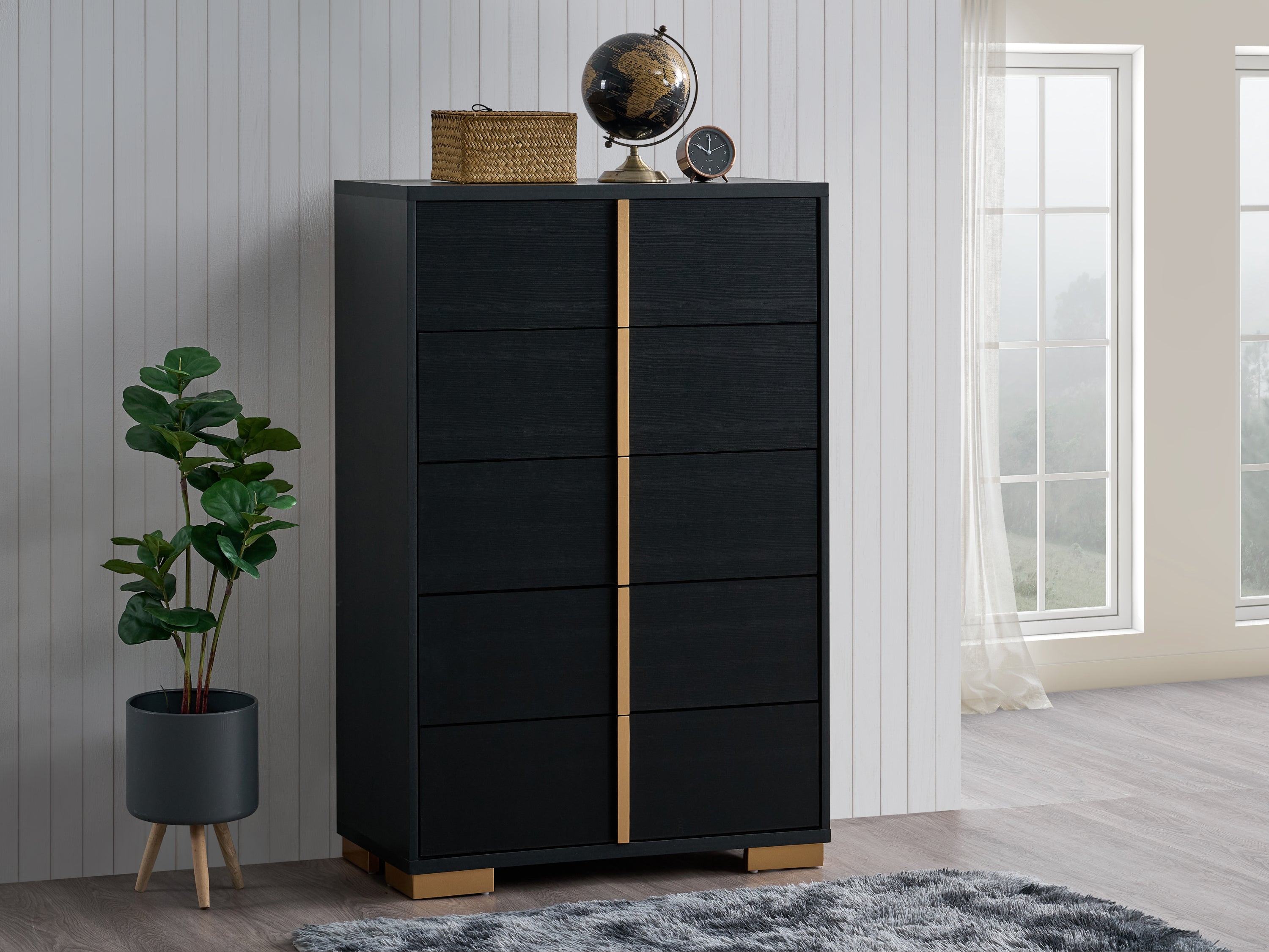 6 Drawer Black Wood Chest with Gold Accents - 50 Inch Height